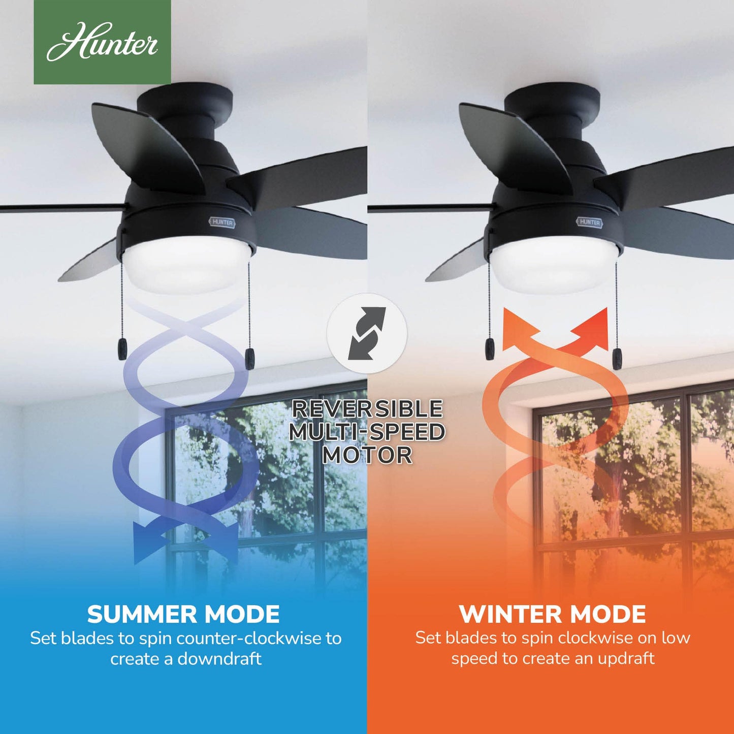 Hunter 44 inch Indoor Ceiling Fan with LED Light - Black Ceiling Fan with Pull Chain, For Bedroom, Living Room, or Kitchen, Low Profile Mount, No Remote, 5 Blades - Lilliana 52613, Matte Black