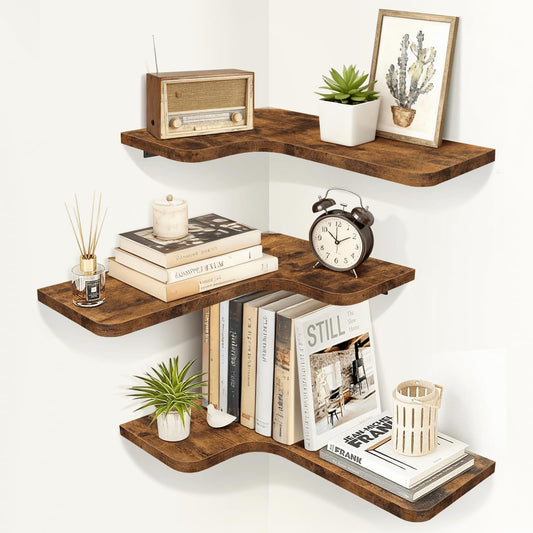 Homode Corner Floating Shelves, Corner Shelves Wall Mounted with Cord Hole, Set of 3 L Shape Wood Wall Storage Shelves for Living Room Bedroom Bathroom Kitchen, Rustic Brown