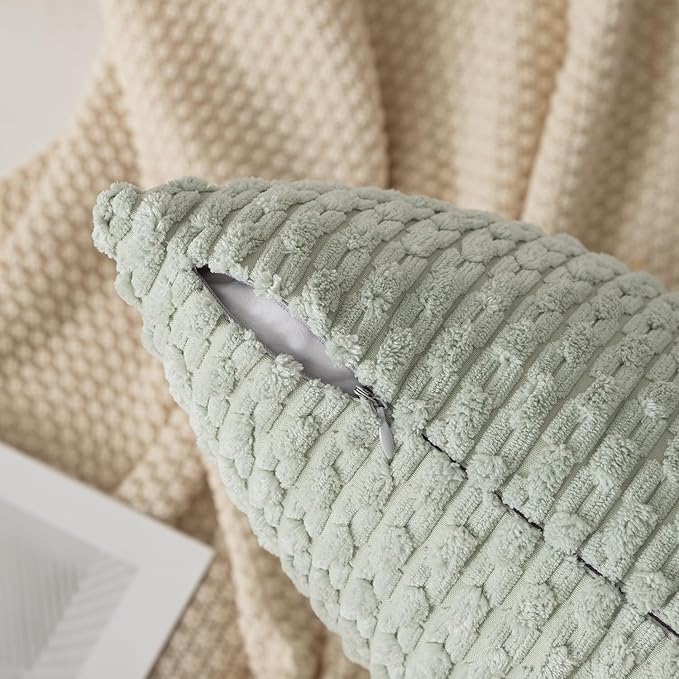 Kevin Textile Pack of 2 Corduroy Decorative Throw Pillow Covers 12x20 Inch Spring Soft Boho Striped Pillow Covers Modern Farmhouse Home Decor for Spring Sofa Living Room Couch Bed Light Green