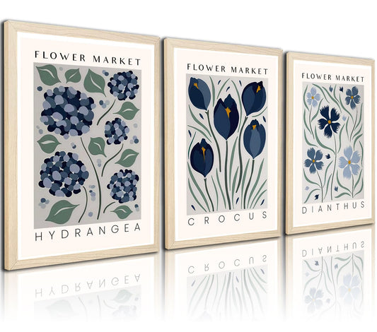 3pcs Framed Canvas Print Blue Floral Botanical Wall Art Vintage Hydrangea Crocus Dianthus Flower Poster Floral Gallery Picture For Bedroom Living Room Decor 12x16 Inches Ready To Hang