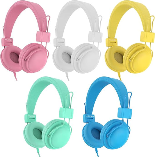 AILIHEN Kids Headphones Wired Bulk 5-Pack for K-12th Grade, School & Classroom, with Microphone, 85dB Volume Limit, Shareable, Foldable, 3.5mm Jack for Chromebook, Computer - Light Color