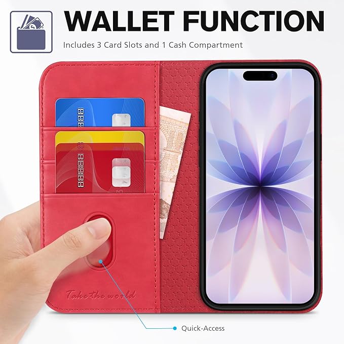 TUCCH Case Wallet for iPhone 17 (6.3") 2025, RFID Blocking, 3 Card Holders, Kickstand, PU Leather, Protective Flip Folio Cover, TPU Shockproof Interior Shell, Bright Red