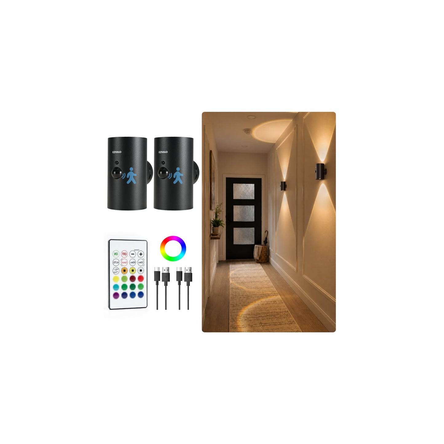 EZVALO Motion Sensor Wall Lights, Rechargeable Battery Operated LED Wall Sconce with Remote, 3 Color Temps & RGB, Peel and Stick Wall Lamps for Hallway, Stairway, Living Room (2 Pack, Black)