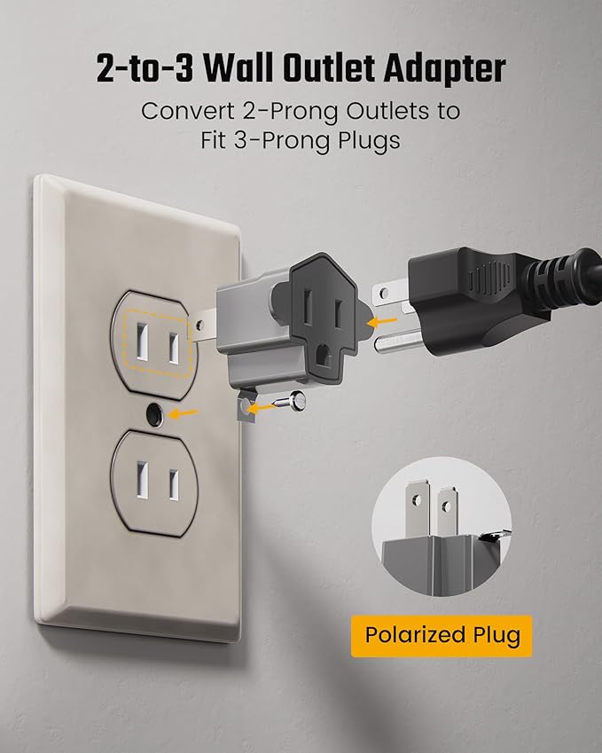 2 Prong to 3 Prong Outlet Adapter, ETL Listed 3-2 Prong Adapter, Fire-Retardant (392℉) PBT Material, SUPERDANNY Heavy Duty Wall Plug Adapter for Old Homes, Travel to Japan, Gray, 2-Pack