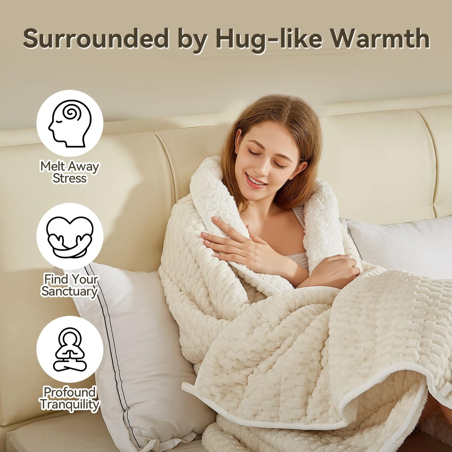 Weighted Blanket Queen Size for Adults,15lbs Jacquard Sherpa Heavy Blanket for Calming and Relax, Dual Sided Ultra Soft Fuzzy Throw Blanket with Glass Beads, 48" x 72", Cream White