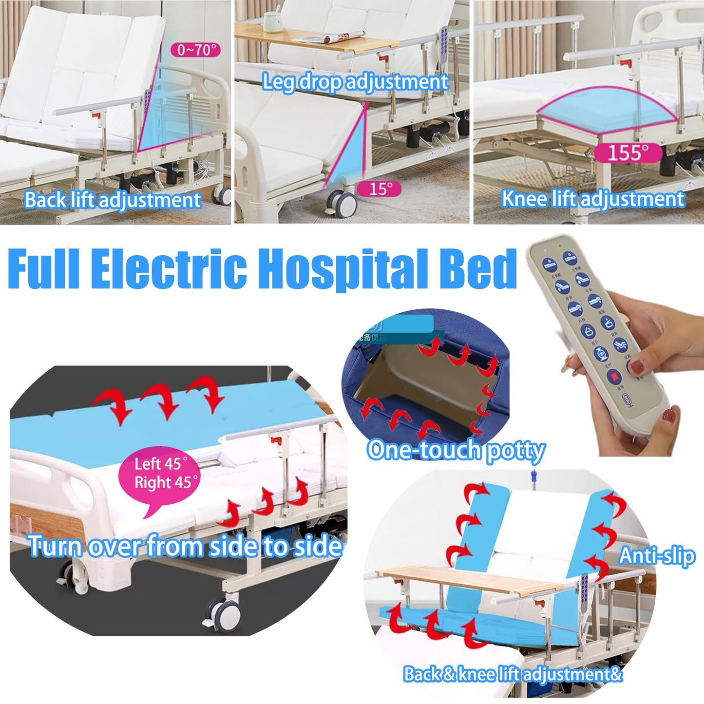 Full Electric Hospital Bed for Home Use, 10 Function Adjustable Medical Bed with Auto Turning, Patient Care Bed for Elderly, Hospital Beds with Mattress, Dining Tray, IV Pole, Steel Rails, 550 LBS