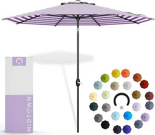 Midtown Umbrellas 10-Year-No-Fade - 6 Ft - UV Proof Purple/White Stripe Fabric - Umbrella Outdoor Patio, Auto-Tilt Aluminum Frame Large Patio Umbrella for Garden, Pool & Deck - Black Pole