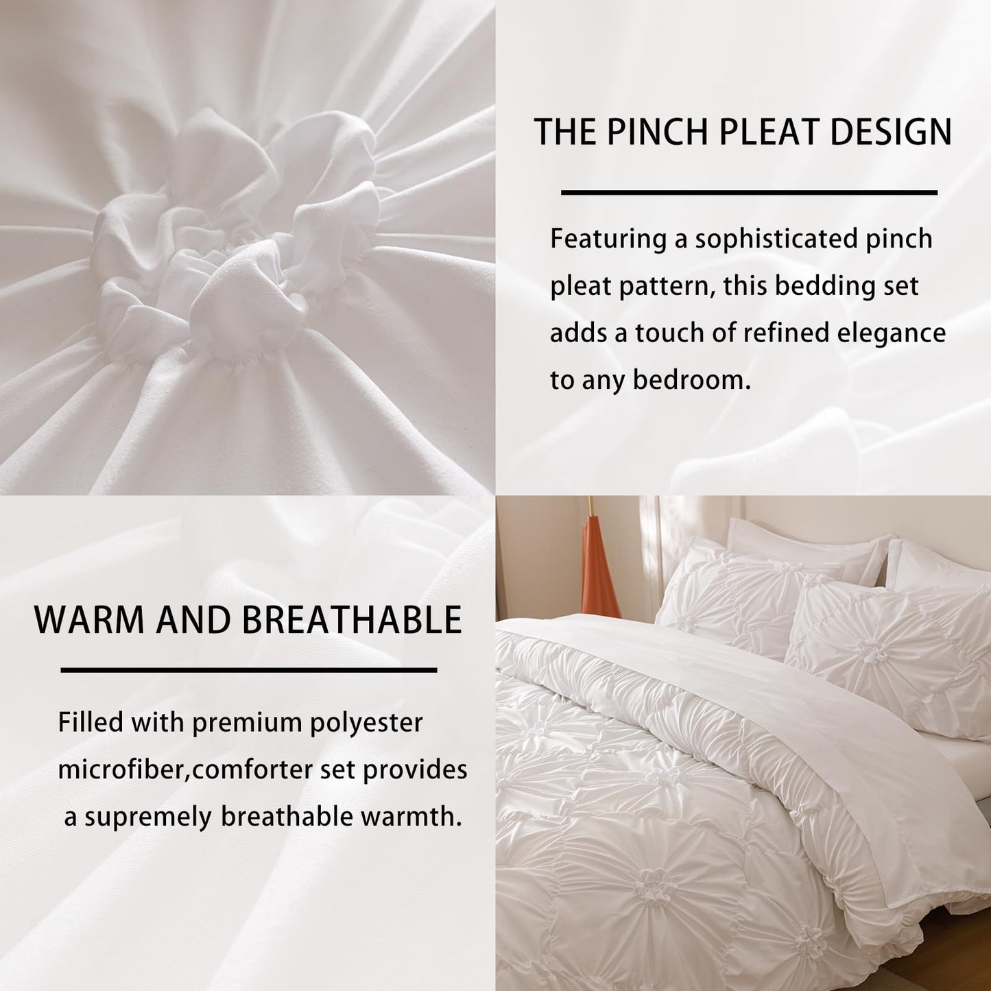 Nttopship White Queen Comforter Set - 7 Pieces Bed in a Bag, Premium Comforters Queen Size Bed Set Pintuck Pinch Pleat Complete Comforter Set with Flat Sheet, Fitted Sheet and Pillowcases,White