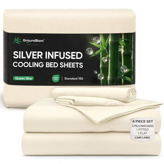 GroundBam Silver Infused Bed Sheets Set, Temperature-Regulating Fabric with Self-Cleaning Technology for 3X Freshness Sleep, Genuine 100% Organic Viscose Derived from Bamboo (Offwhite, Queen)