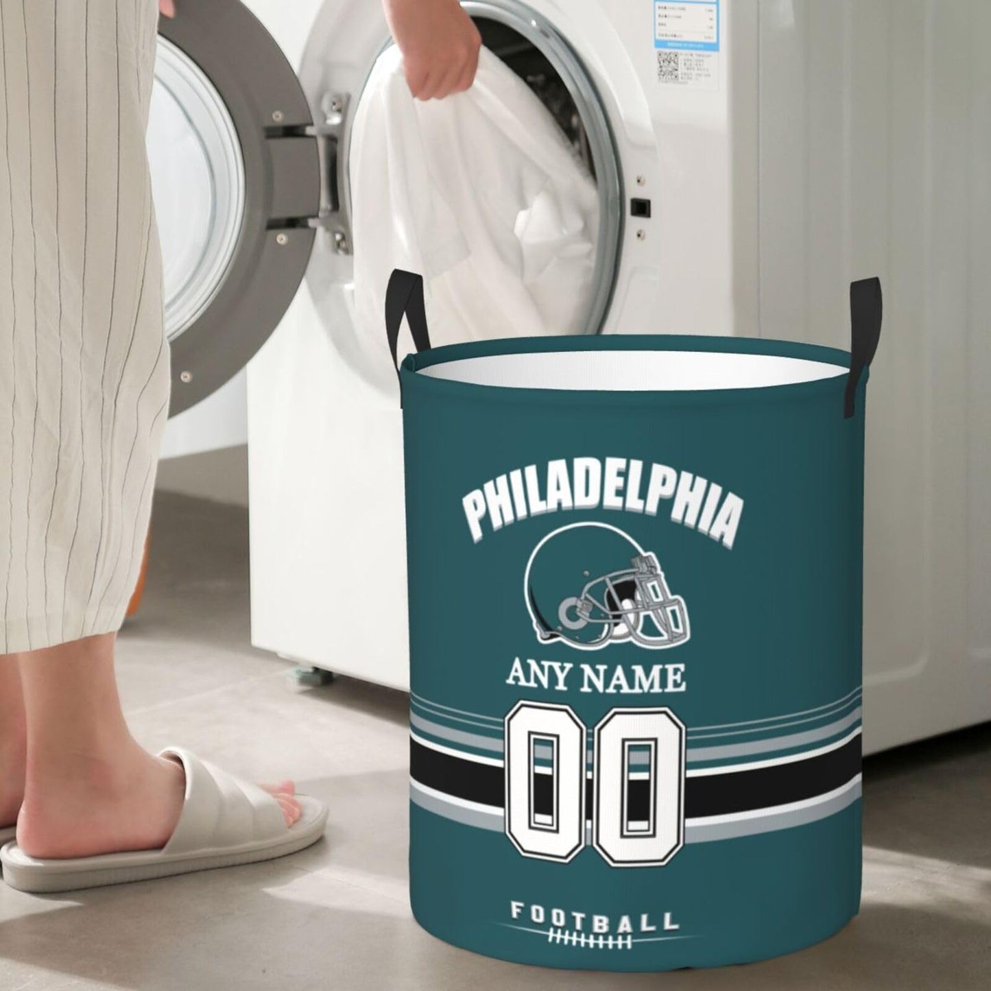 Philadelphia Laundry Hamper, Personalized Football Style Laundry Basket, Custom Name and Number Collapsible Storage Basket with Handle Gift for Bedroom Bathroom