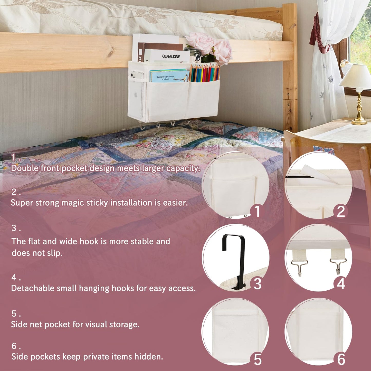 Frjjthchy Bedside Storage Organizer 5 Pockets with 4 Hooks Hanging Storage Bag for Headboards/Bunk Bed (White)