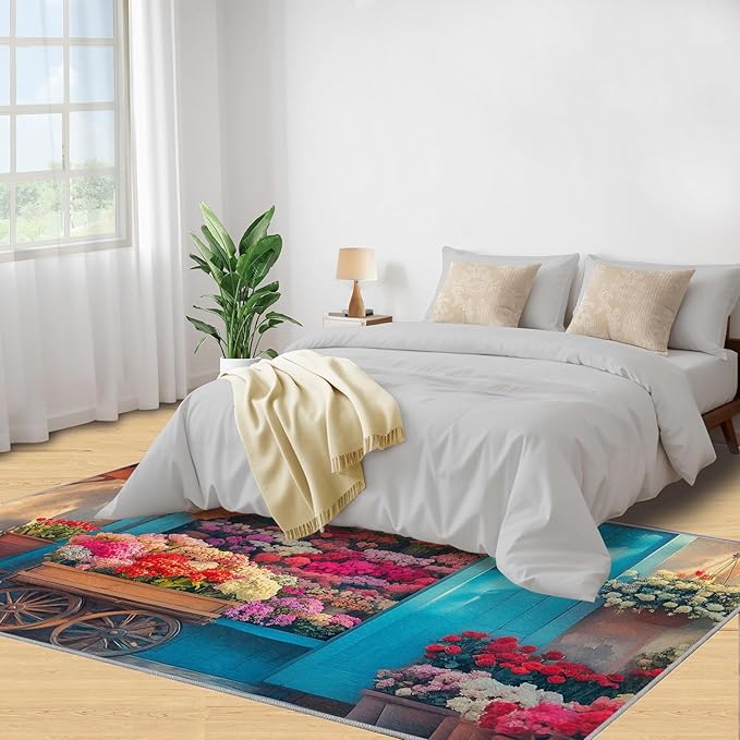 Pastoral Flowers 5x7 Area Rug Colorful Flower Shop Washable Rugs for Living Room Bedroom, Retro Wooden Door Soft Low Pile Non Slip Accent Floor Mat Print Throw Rug Indoor Carpet Dining Room Playroom