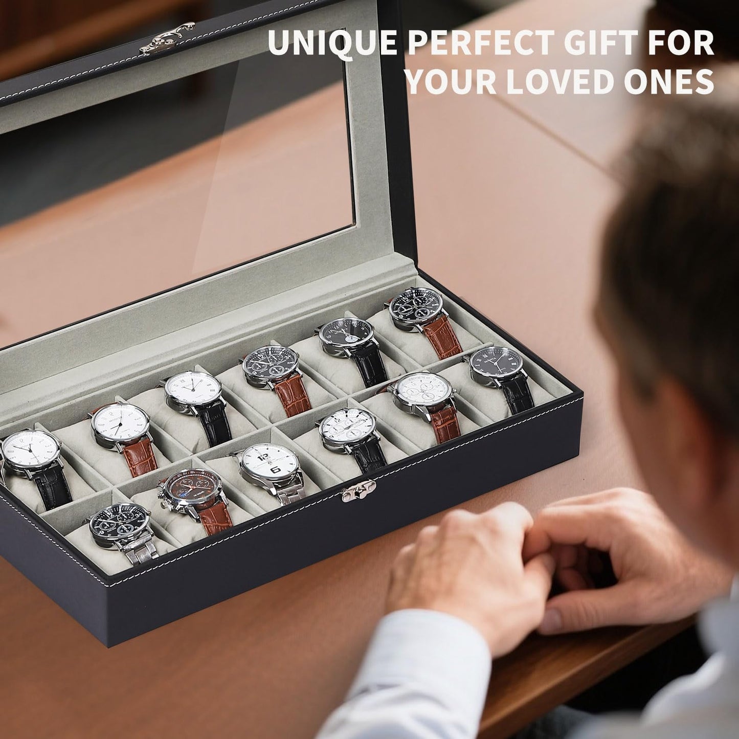 AUTOARK Leather & Velvet 12 Watch Box Glass Top Jewelry Display Lockable Case Organizer,Removable Watch Pillows,Black,MKAW107