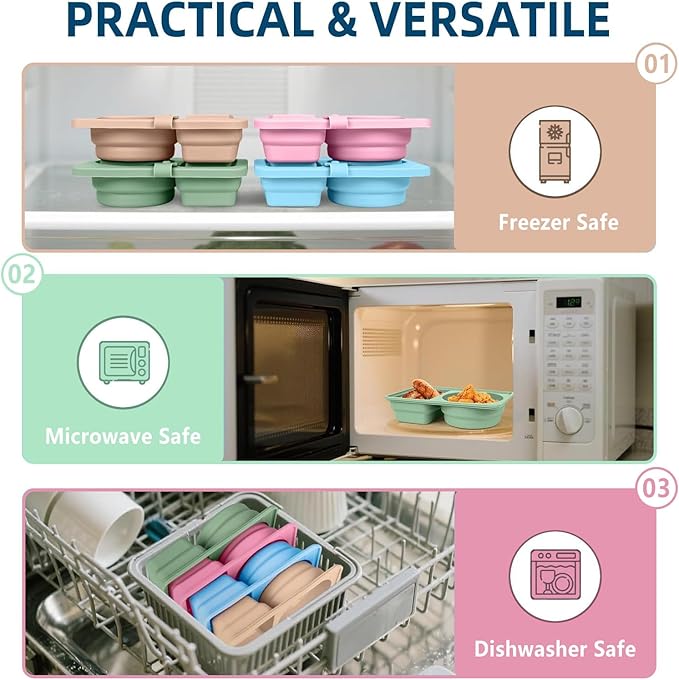 Dobyusf 8-Pack Collapsible Silicone Snack Containers - Round & Square Shape with Utensil Holder, BPA-Free Foldable Food/Sauce Storage for On-the-Go, Microwave & Dishwasher Safe