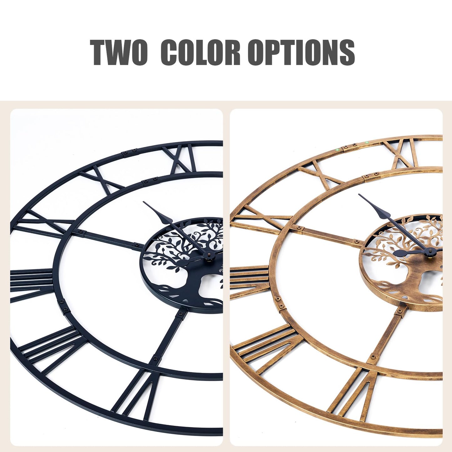 Ohweog 40 Inch Large Wall Clock for Living Room(Quick Assembly) – Bronze Metal Clock with Nature-Inspired Tree Design, Silent Non-Ticking, Battery Operated Roman Numeral Wall Clock for Home Decor