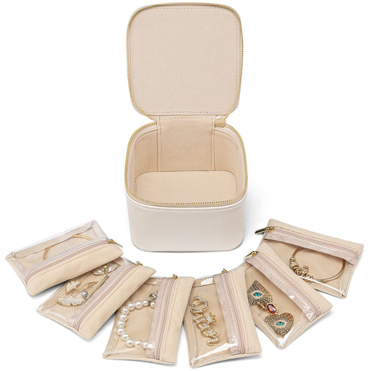 VLANDO Travel Jewelry Case,Valentines Gifts,Small Jewelry Box Organizer,Travel Jewelry Storage with 6 Velvet Jewelry Zipper Pockets, Birthday Gifts for Women Girls (White)