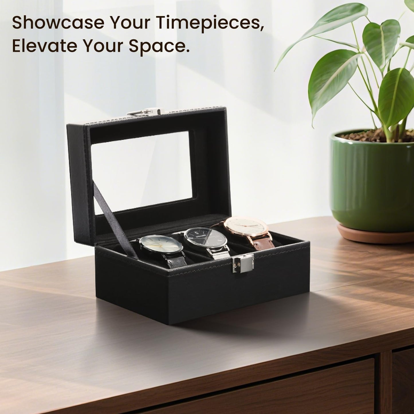 Uten 3-Slot Watch Box, PU Leather Watch Case with Glass Lid, Watch Holder Organizer with Soft Pillow and Velvet Lining, Watch and Jewelry Storage Box, Black