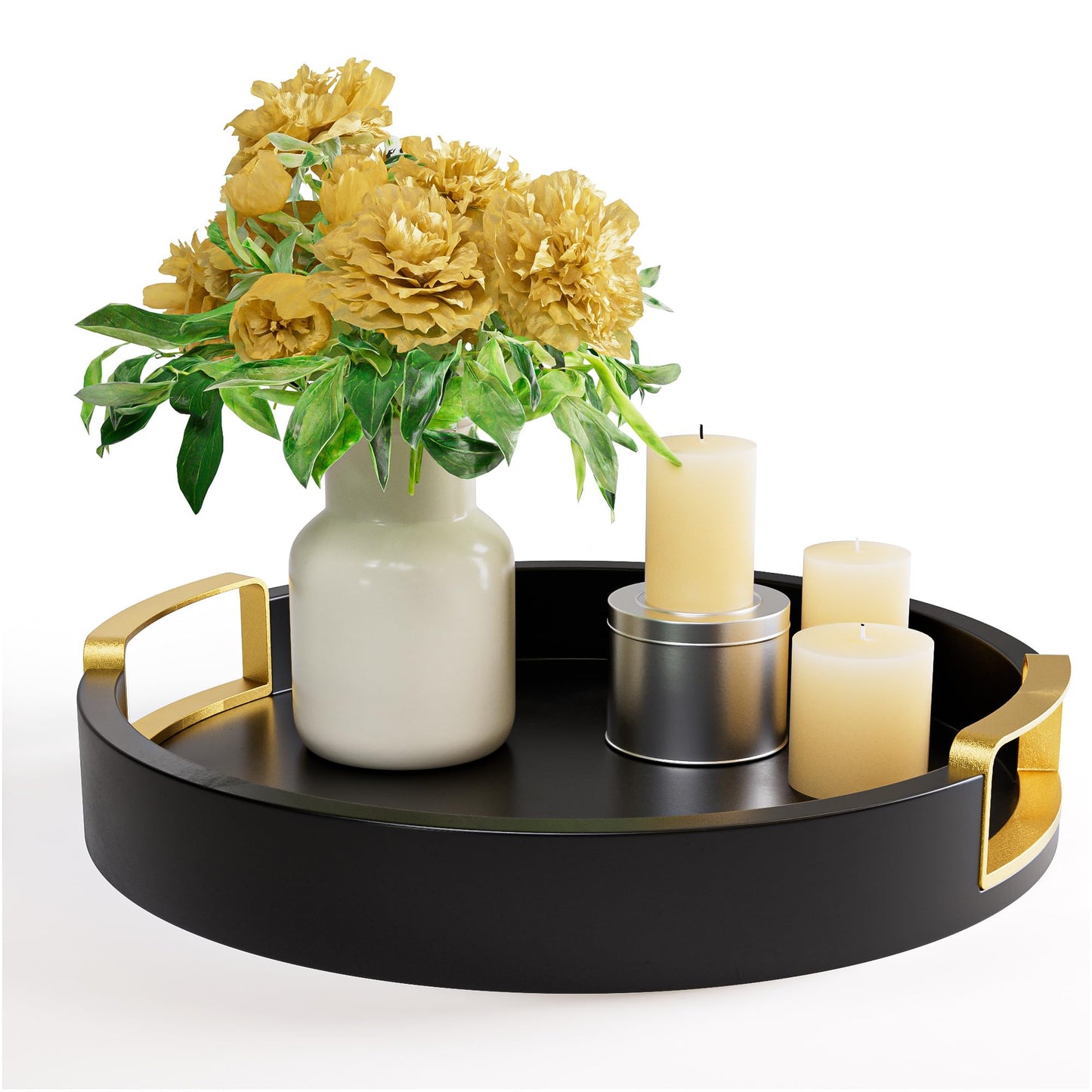 Round Decorative Tray - 12 Inch Round Black Tray with Gold Metal Handles - Stain Resistant Serving Trays for Decor - Decorative Trays for Coffee Table, Ottoman, Bar, Vanity, Kitchen, Bedroom & More