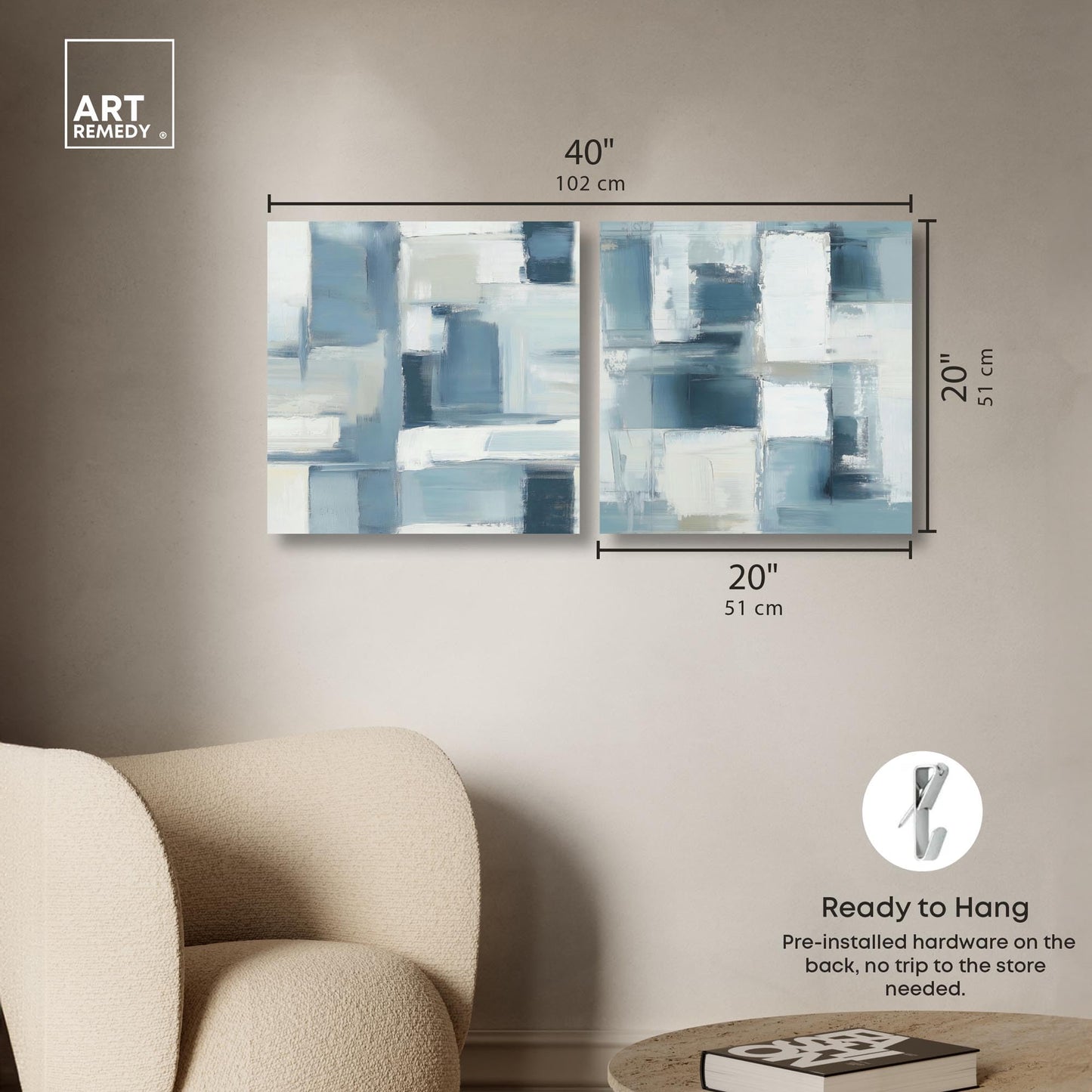 Modern Minimalist Blue Abstract Pair 2 Panel Set Canvas Print Abstract Wall Art by Art Remedy, Gallery Wrapped, 20 x 20