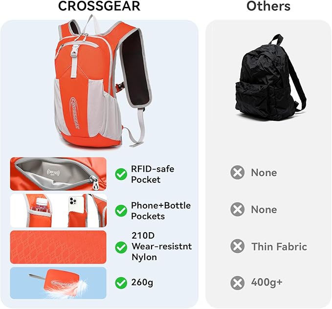 CROSSGEAR Packable Hiking Backpack, 16L Lightweight Foldable Backpack with RFID Pocket, Small Hiking Daypack for Women Men Orange