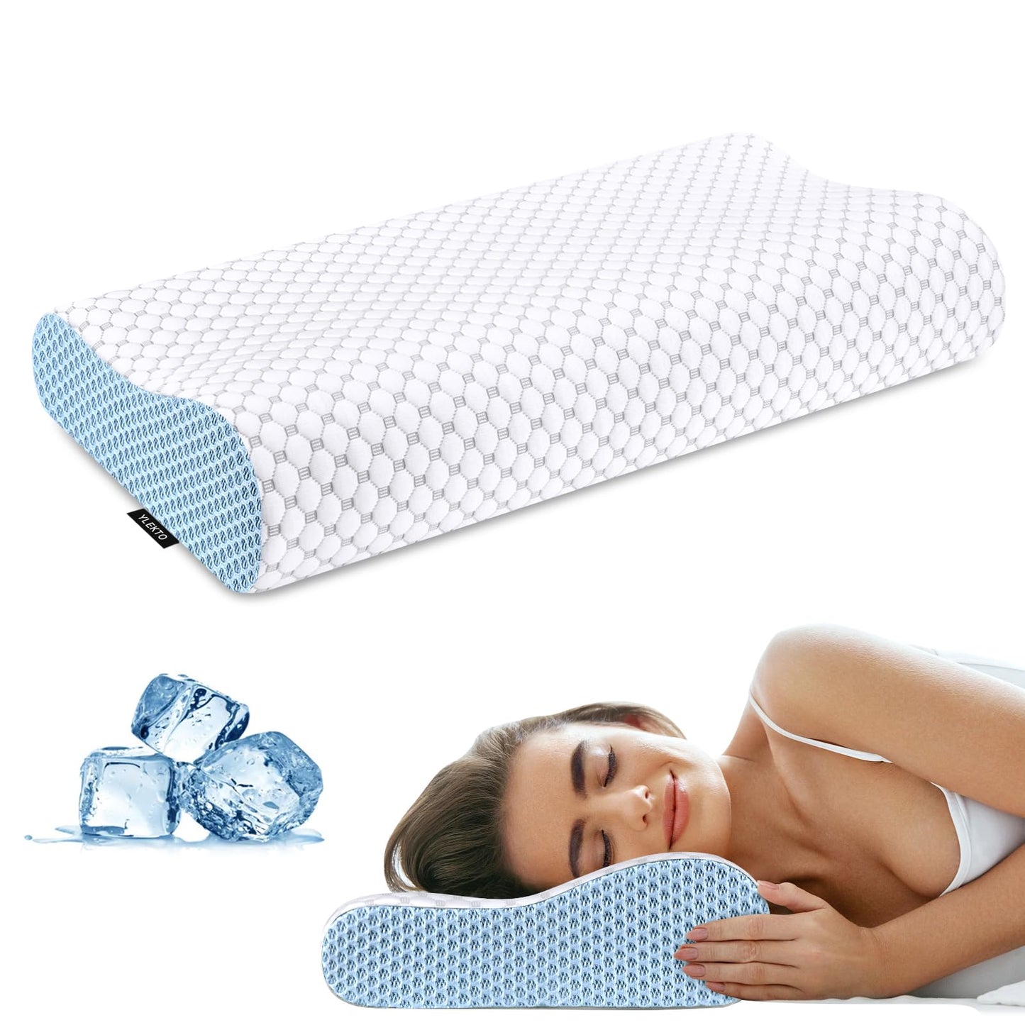 Cervical Neck Pillow for Pain Relief - Ergonomic Contour Memory Foam Pillows, Cooling Side Sleeper Pillow for Sleeping, Orthopedic Bed Pillow for Back Stomach Sleepers with Pillowcase(White & Blue)