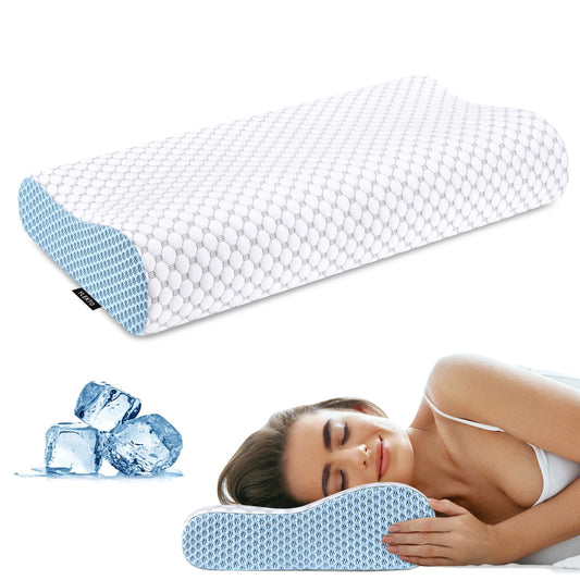 Cervical Neck Pillow for Pain Relief - Ergonomic Contour Memory Foam Pillows, Cooling Side Sleeper Pillow for Sleeping, Orthopedic Bed Pillow for Back Stomach Sleepers with Pillowcase(White & Blue)