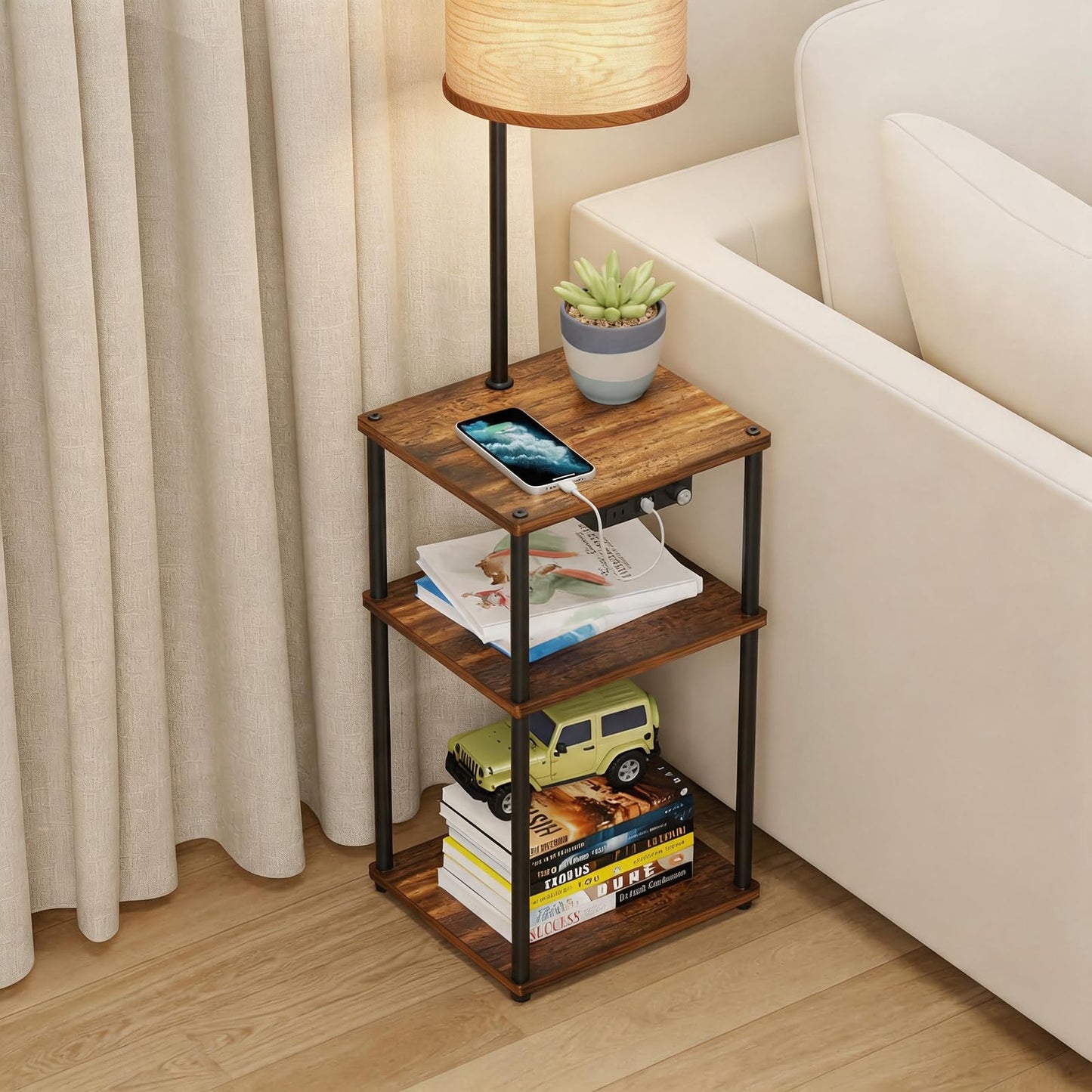 Pazarfami Floor Lamp with Table, Shelves, Side Table with USB Charging Port and Outlet, Modern Bedside Nightstand End Table with Lamp for Living Room, Bedroom, Guest Room, Bulb Included, Wood Grain