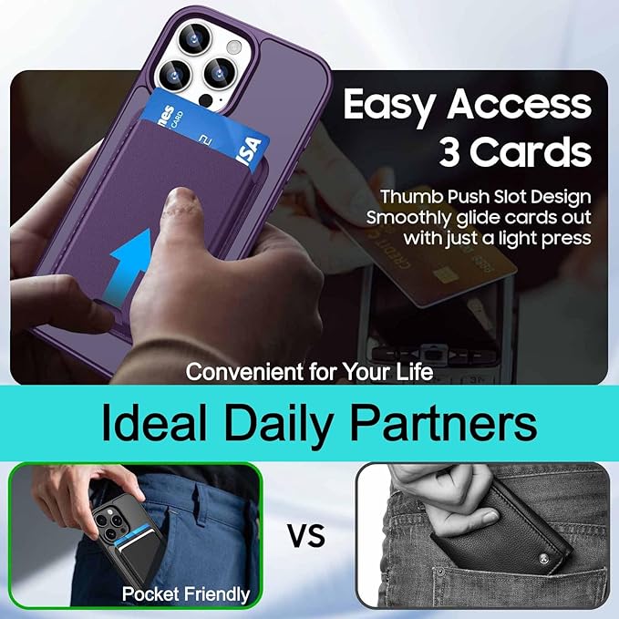 Ntwinro Magnetic for iPhone 16 Pro Case (Compatible with MagSafe) with Detachable Wallet & Card Holder for 3 Cards [RFID Blocking] Military Grade Protective Slim Phone Cover, Purple