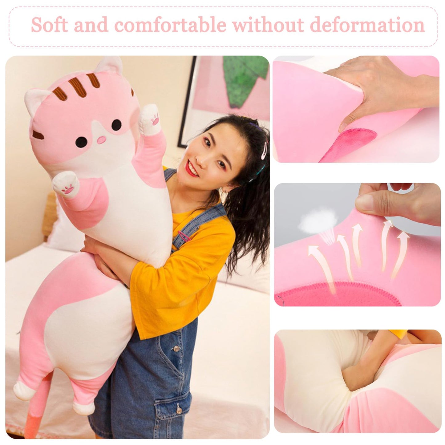 Long Cat Plush Pillow Soft Cat Hugging Pillow Stuffed Animal Pillow Cute Kitty Sleeping Throw Pillow Gift for Kids(70cm/27.55inch,Pink
