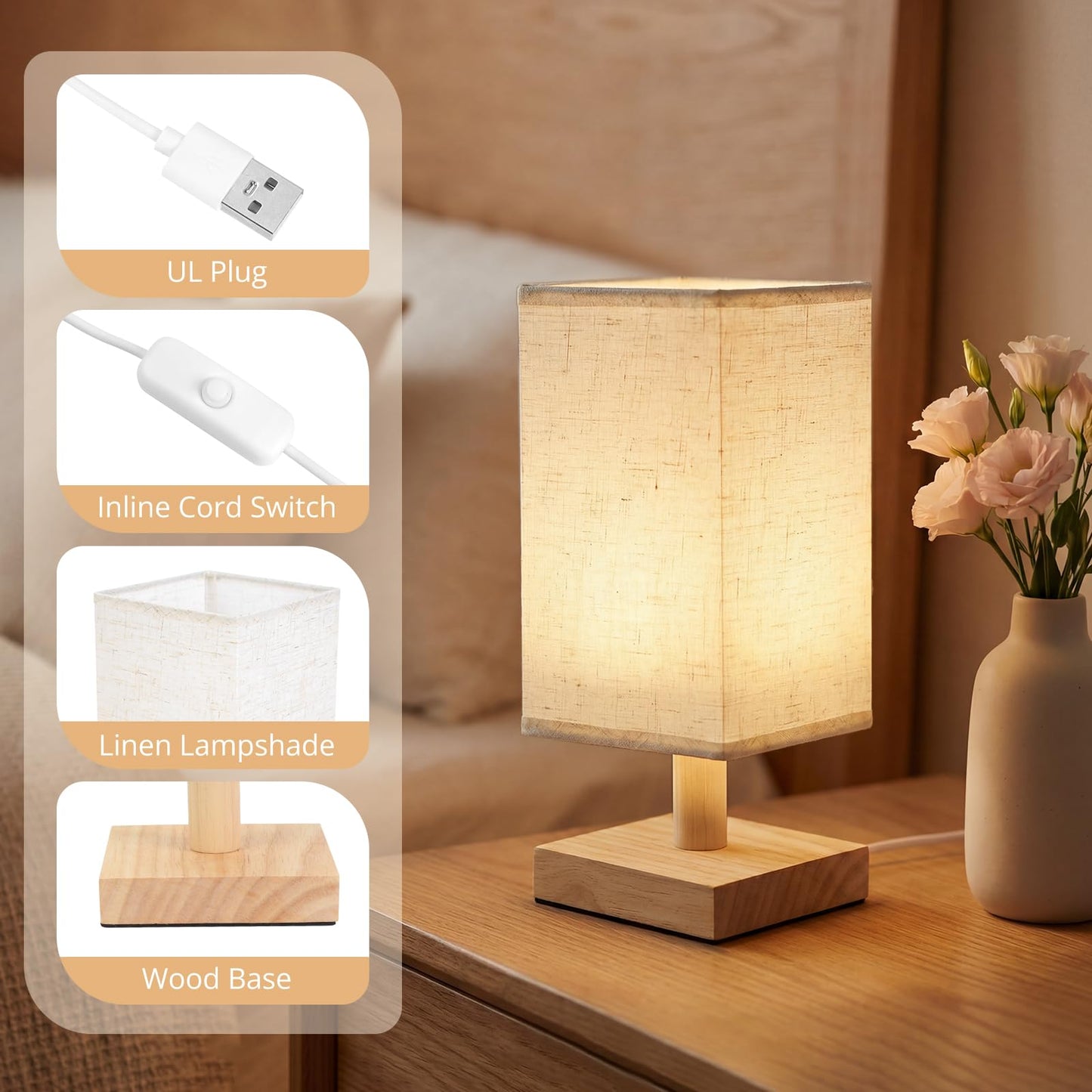 Oizuon Small Table Lamp Set of 2, Square Short Bedside Lamps 2700K Warm LED with Linen Shade & Wood Base, USB Mini Nightstand Lamps for Bedroom Living Room
