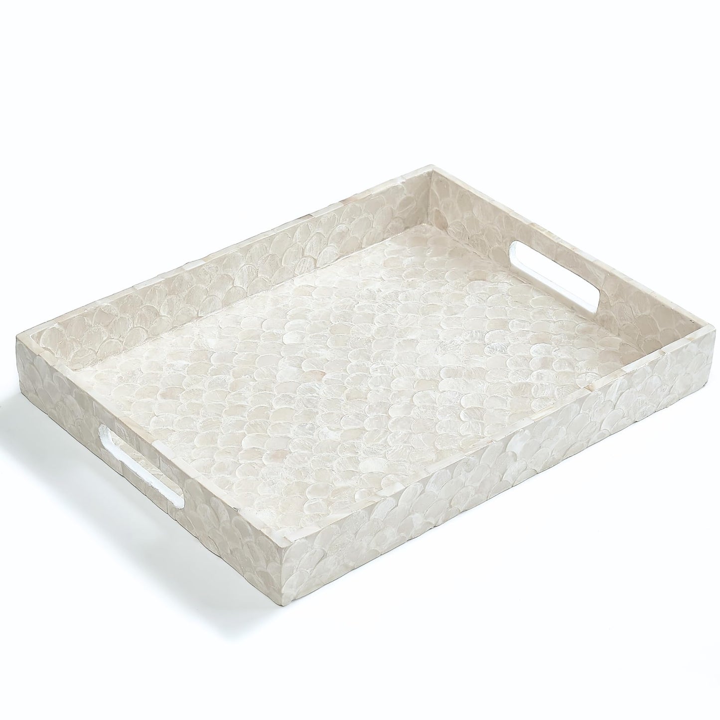 CHI AN HOME Capiz Decorative Tray 15.8” x 11.8” x 1.8" Rectangular Tray, Natural Handmade Serving Tray with Handles for Coffee Tables, Ottoman, Vanity, Kitchen, Coastal Boho Home Decor, White