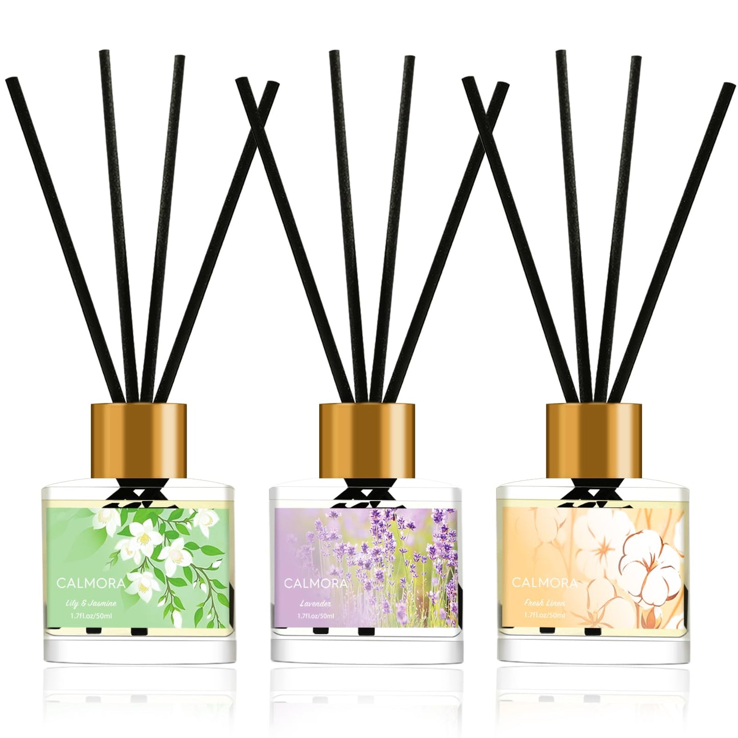 CALMORA Reed Diffuser Gift Set of 3, 50ml Home Fragrance Diffuser with 15 Reeds Sticks | Flameless Lily & Jasmine/Lavender/Fresh Linen Scented Oil for Women, Mom, Housewarming