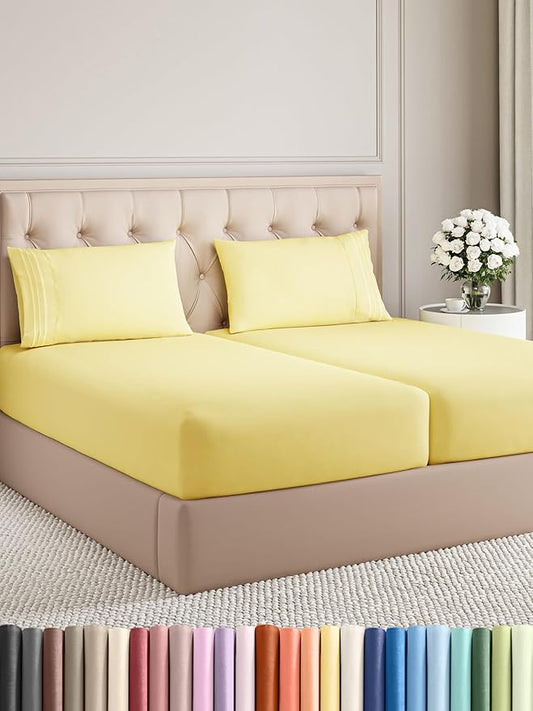 Split King Size 5 Piece Sheet Set - Comfy Breathable & Cooling Bed Sheets Set - Hotel Luxury Bedding for Women, Men, Kids, Teens, Boys & Girls - Deep Pockets, Soft, Wrinkle Free - Oeko-Tex - Yellow