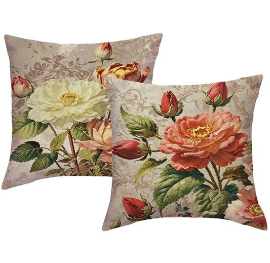 JAERUE Vintage Rose Flower Throw Pillow Covers Set of 2 Shabby Chic Red Floral Cushion Cases Spring Farmhouse Retro Botanical Pillow Covers 18"x18", for Couch, Bedroom & Living Room(Red/Brown)