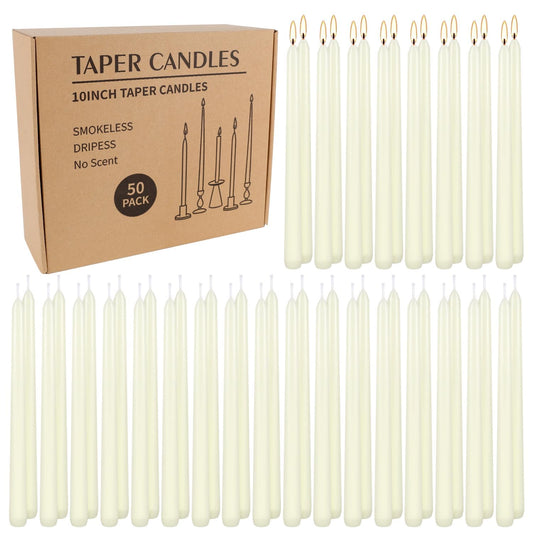 50 Pack Ivory Taper Candles 10 Inch - Classic Soft White Dinner Candles, Dripless Unscented Premium Wax with Cotton Wick, 8-Hour Burn Time for Wedding, Vintage & Formal Table Decor