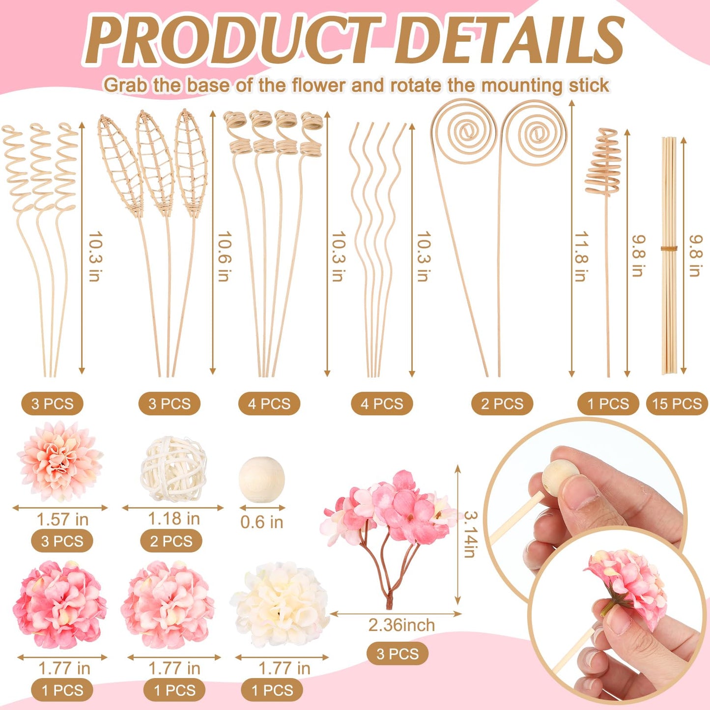 Queekay 32 Pcs Reed Diffuser Sticks Set Include 21pcs Natural Rattan Wood Beads, 11 Style Fragrance Diffuser, Rattan Reed Fragrance Replacement for Home(Pink Color)