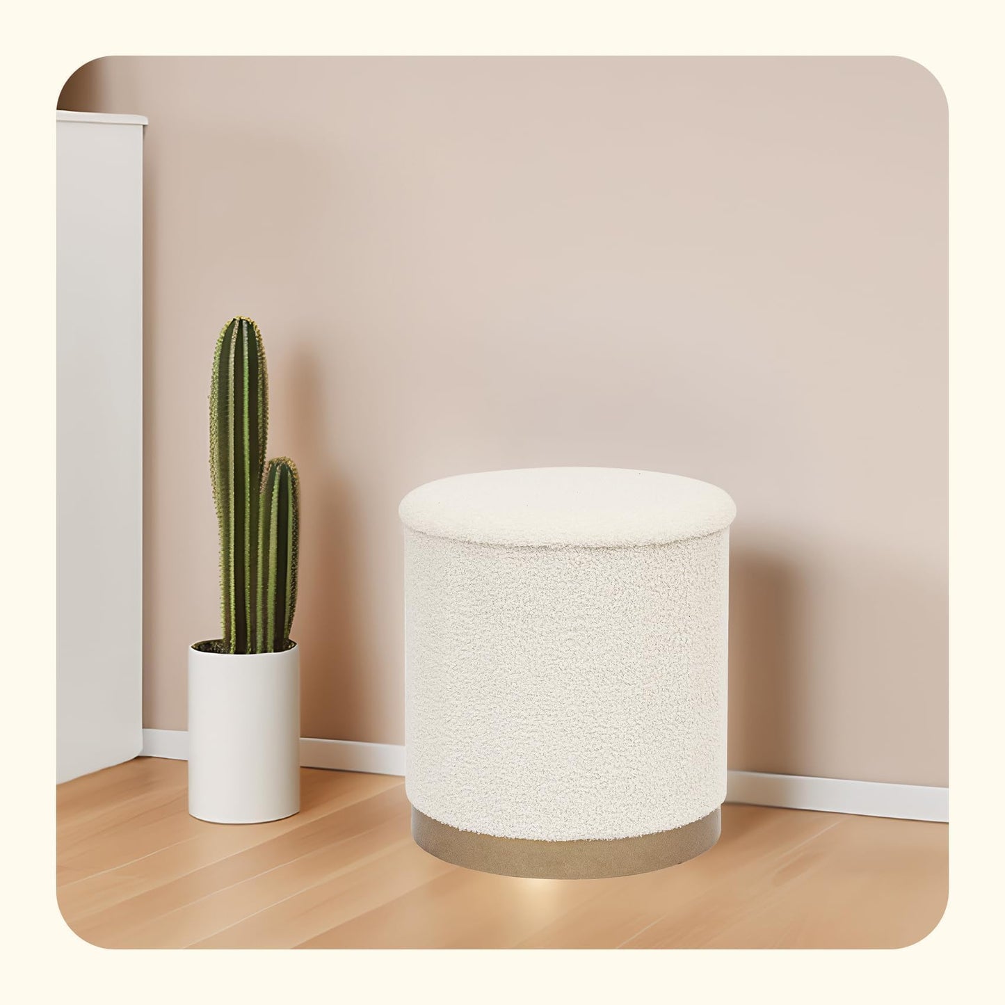 PINPLUS Large Round White Boucle Storage Ottoman, 16.7"x16.7"x17.7" – Textured Teddy Ottoman with Hidden Storage, Modern Coffee Table for Living Room, 250 LBS Capacity