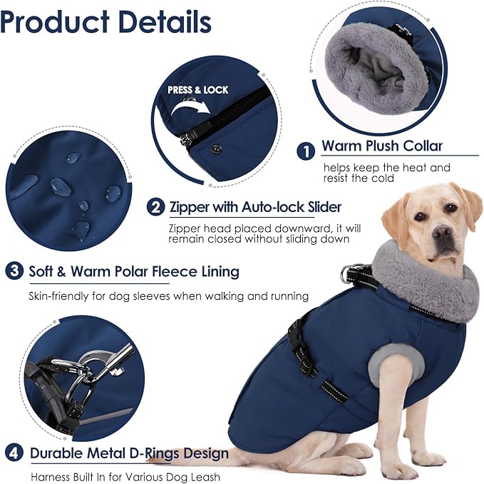 AOFITEE Small Dog Coat with Harness Built in, Fleece Dog Winter Jacket, Reflective Puppy Winter Coat with Zipper On Back, Warm Turtleneck Pet Sweater Windproof Puffer Jacket for Chihuahua, Yorkie, XS