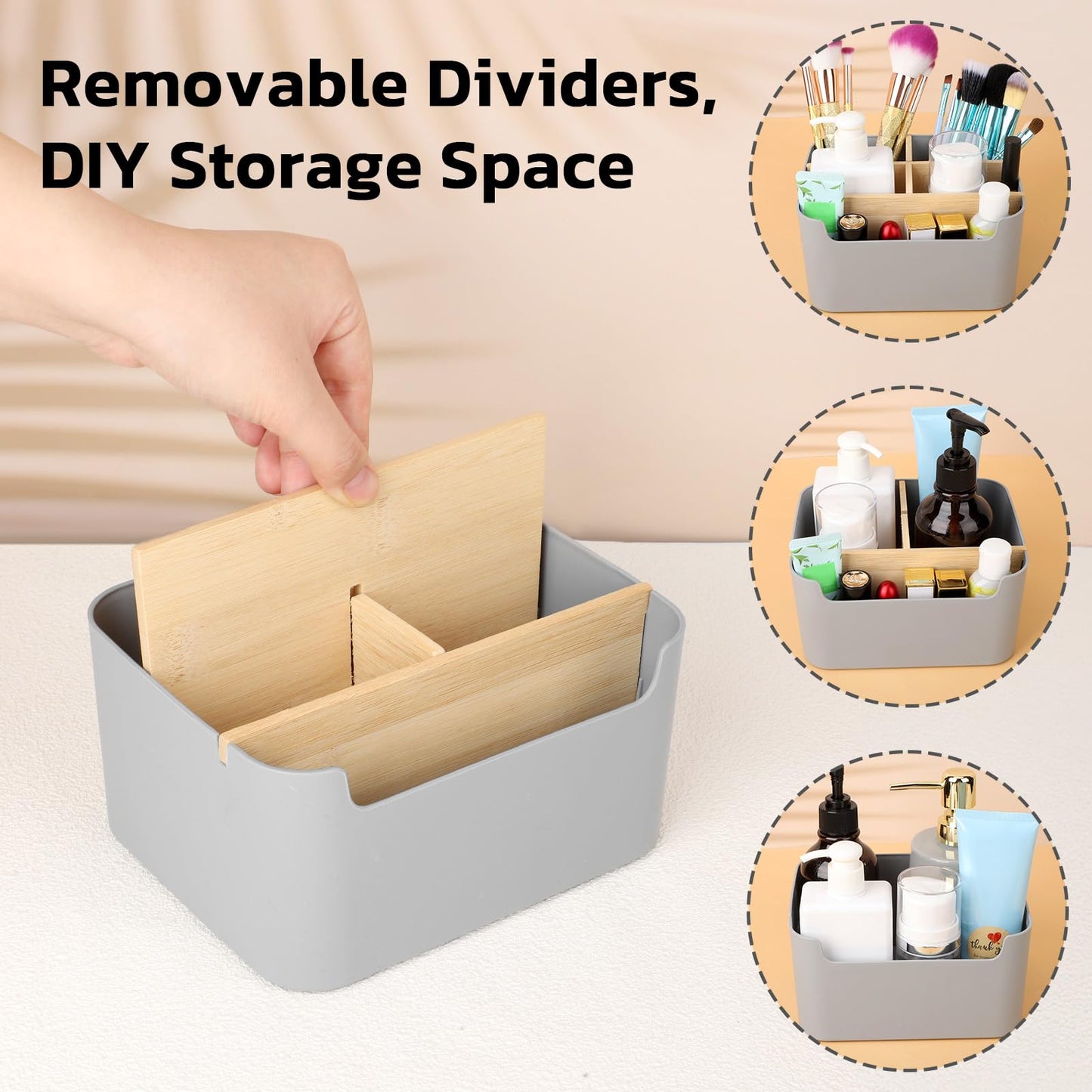 Segarty Gray Desk Storage Organizer, Detachable Divided Bamboo Remote Control Holder Caddy, Desktop Pen Pencil Holder Container Box for Office Supplies Home Bedside Table