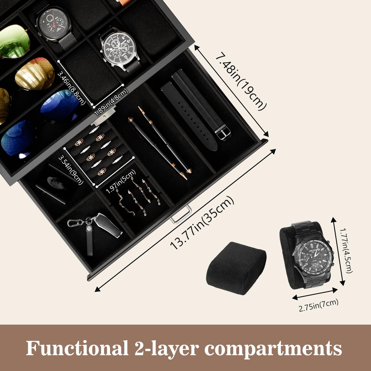ProCase Lacquered Finish Wooden Men's Jewelry Box, 6 Slots Watch and Sunglasses Box Organizer for Men, Fathers Day Gift, 2-Tier Watch Holder Display Case with Glass Top and Storage Drawer -Black