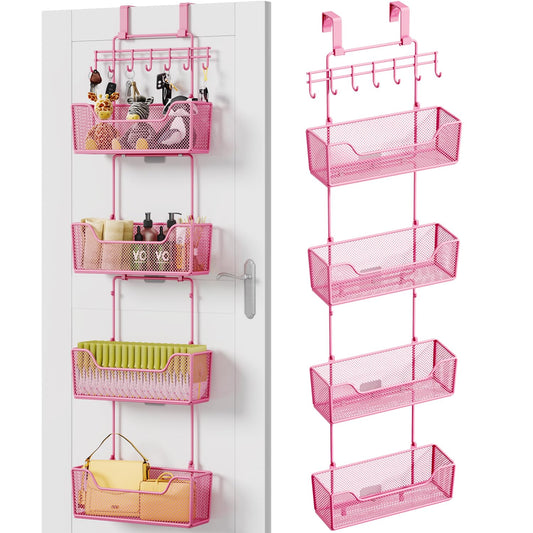 HapiRm Over Door Organizer Storage - Hanging Door Organizer with 4 Metal Large Capacity Baskets and Adjustable Coat Hook for Bathroom Bedroom Kitchen Pantry Closet Cabinet