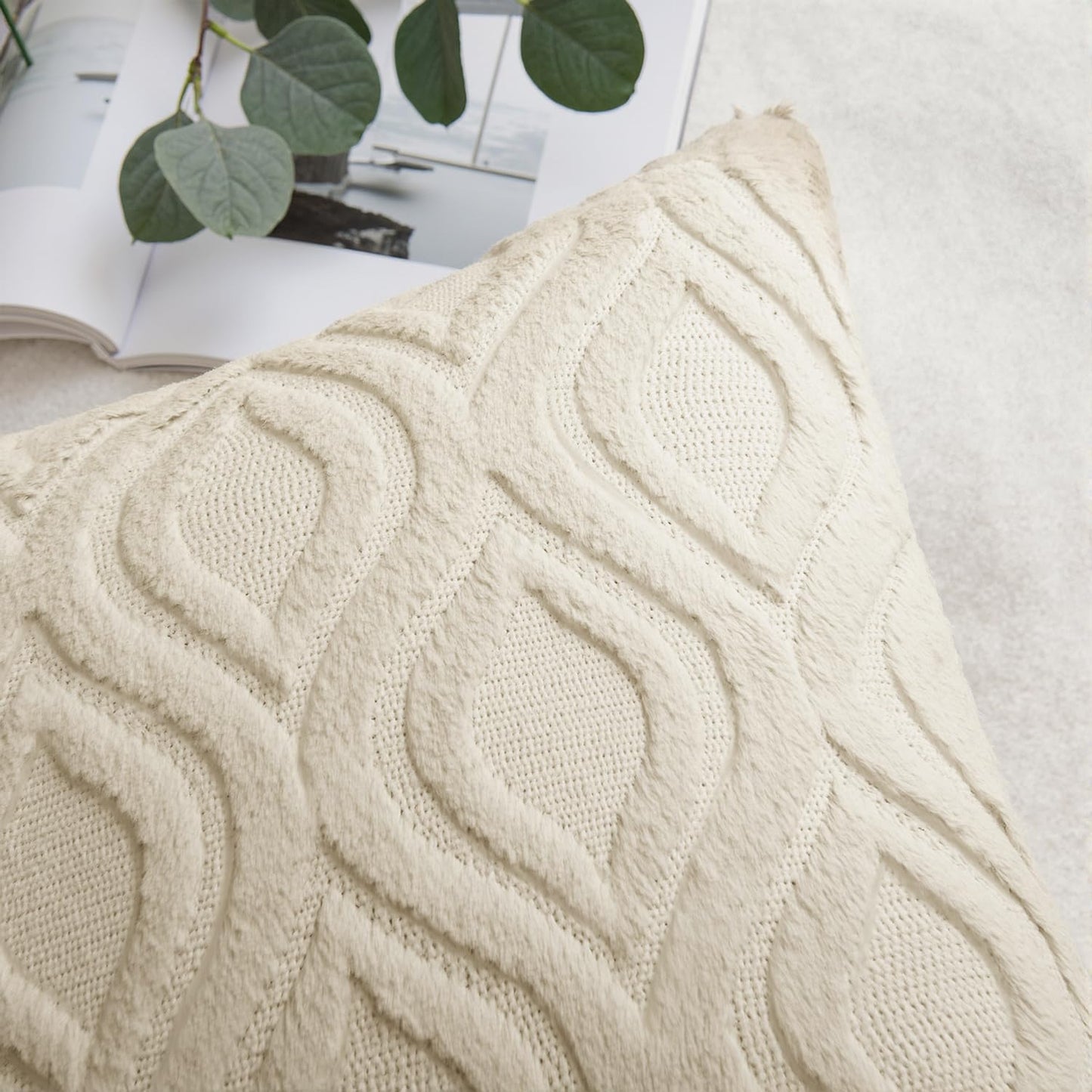 MIULEE Spring Beige Throw Pillow Covers 24x24 Inch, Neutral Soft Plush Faux Wool Solid Couch Pillows Euro Shams Set of 2, Decorative Farmhouse Boho Cushion Covers for Sofa Living Room Bed Home Decor