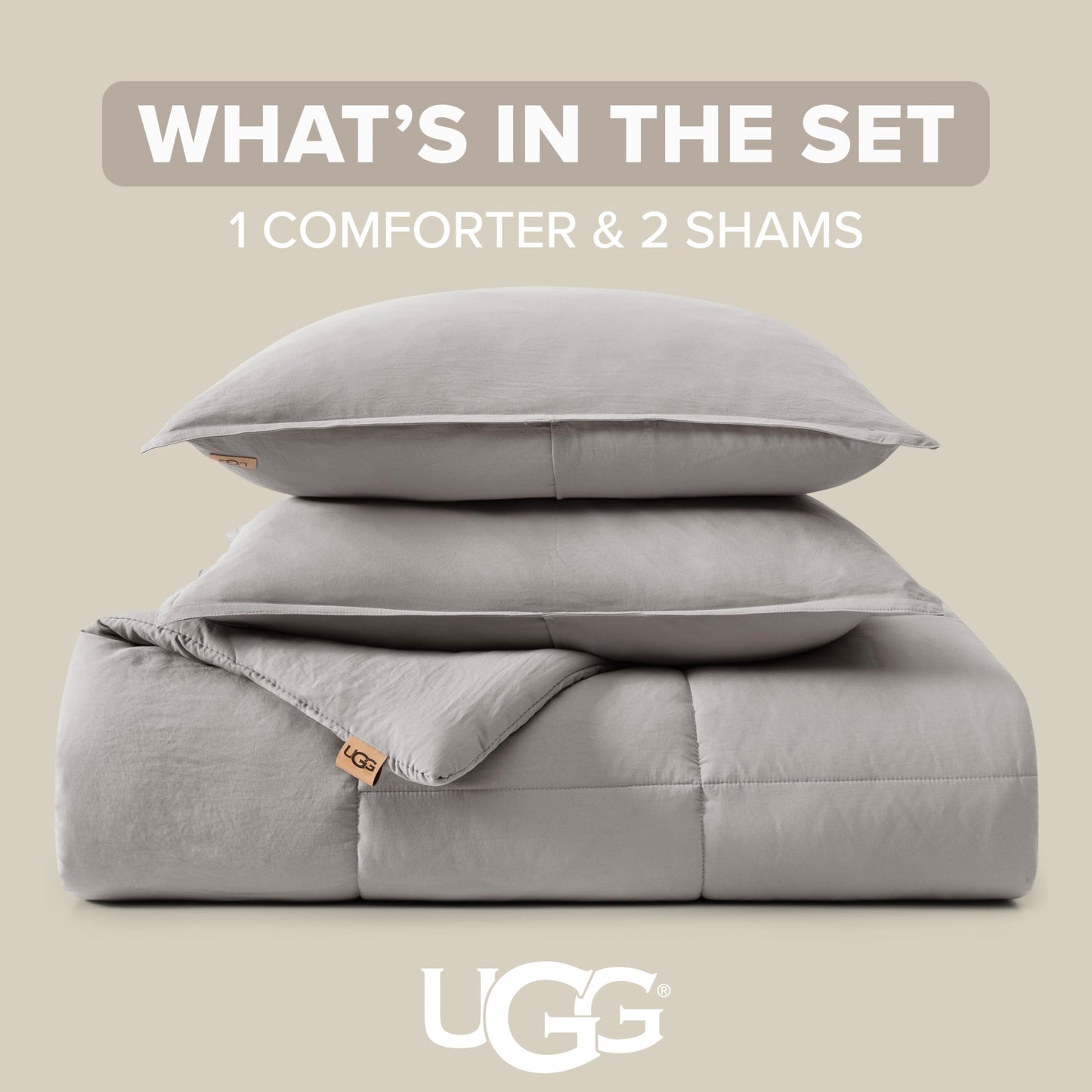 UGG Leonora Comforter Set with 2 Pillow Shams Lightweight Down Alternative Blanket Reversible Cozy Warm All Season Washable and Hypoallergenic Bedding Set, Full/Queen, Light Grey