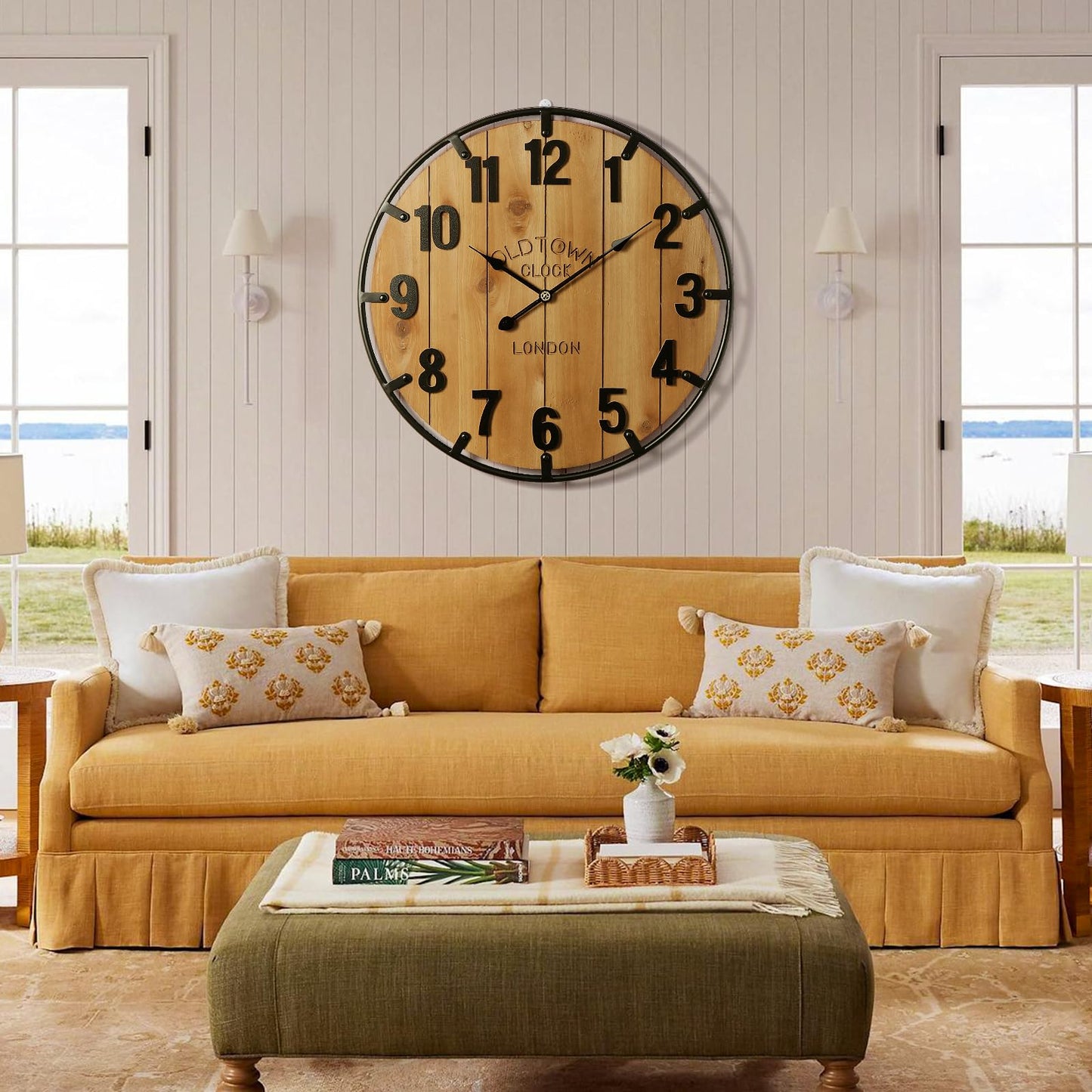 Vantic Farmhouse 30 Inch Extra Large Decorative Wall Clock with Metal Circlee, Oversized Wood Wall Clock with Large Arabic Numeral for Living Room, Bedrooms and Offices, Silent and Battery Operated