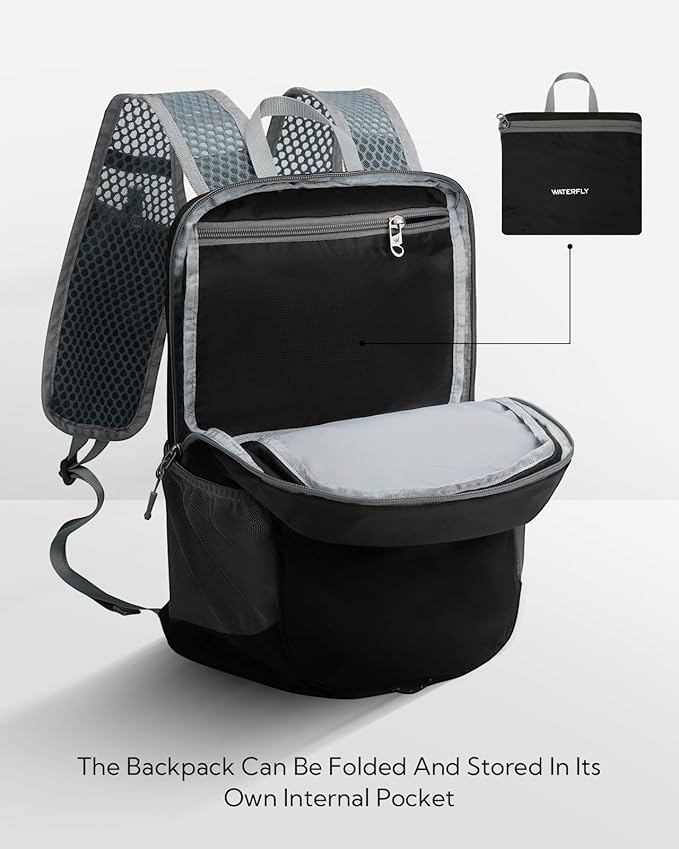 WATERFLY Packable Lightweight Small Backpack: 15L Foldable Mini Hiking Daypack - Ultralight Compact Day Pack for Women Men Outdoor Travel Camping Walking - Black