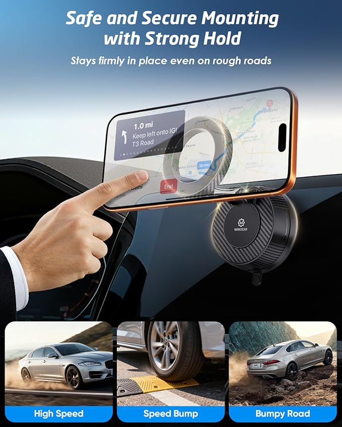 WixGear for MagSafe Car Mount - 78+LBs Suction Cup Phone Holder - 360° Adjustable Magnetic Cell Stand for iPhone 17 16 15 14 13 12 Pro Max - Dashboard Compatible Vehicle Accessory - Carbon Fiber
