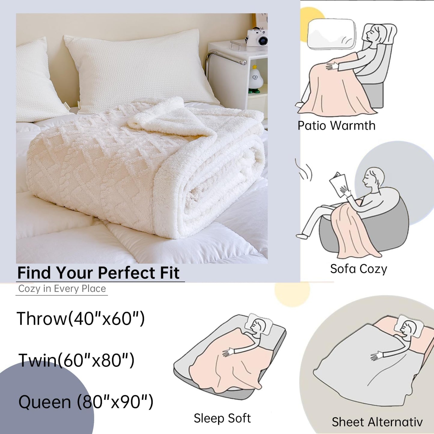Sherpa Blanket for Bed - Fleece Soft Cozy Fuzzy Blankets Thick Warm for Winter and All Seasons (White,Queen(90"x90"))