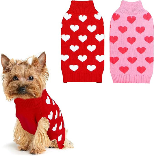 GOYOSWA 2 Pack Valentine Dog Sweater Dog Valentines Clothes Outfit Knitted Heart Sweater for Small Medium Large Dogs Pets (Red & Pink, Small)
