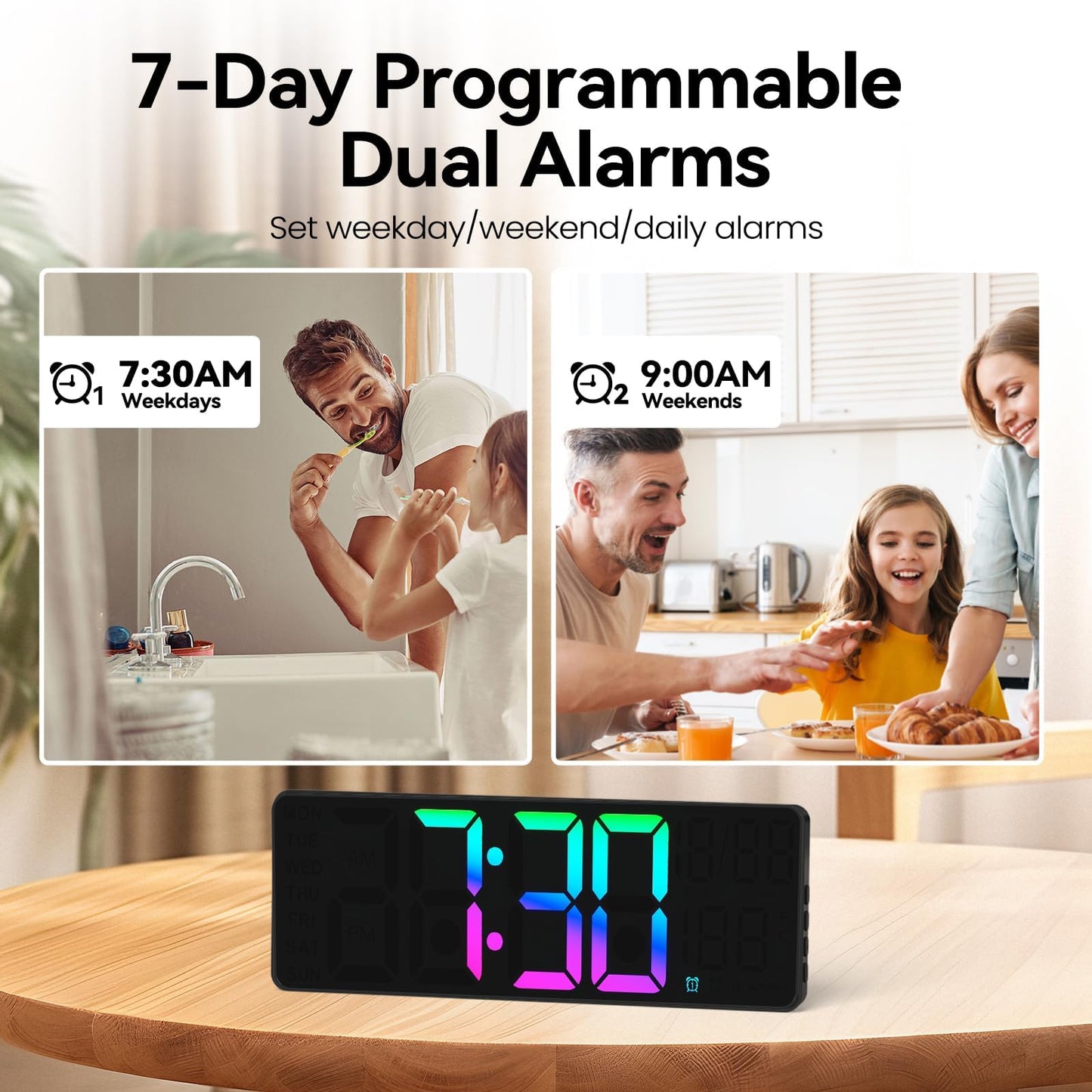 YISILE 13" Digital Wall Clock with Night Light,8 RGB Color,Dual Alarms with Large Display, Dimmer, Auto DST, Voice Control, Auto Time Sync,Remote Control for Living Room Bedroom,Gift for All Ages