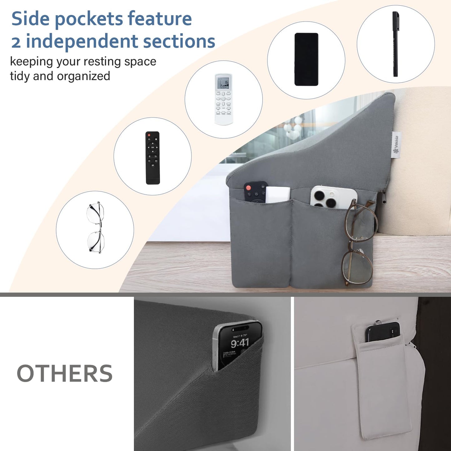 Vekkia King Bed Wedge Pillow for Headboard Gap – 0–6" Bed Gap Filler with Firm Foam Support & Extra-Large Pockets – Prevents Lost Pillows, Phones & Small Items (Gray)